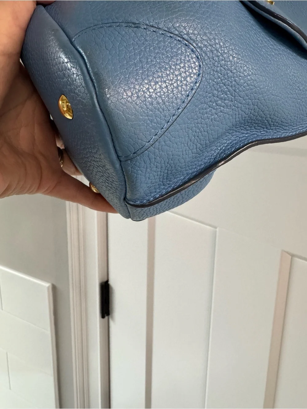MCM Blue Leather Top-Handle Satchel with Gold Hardware